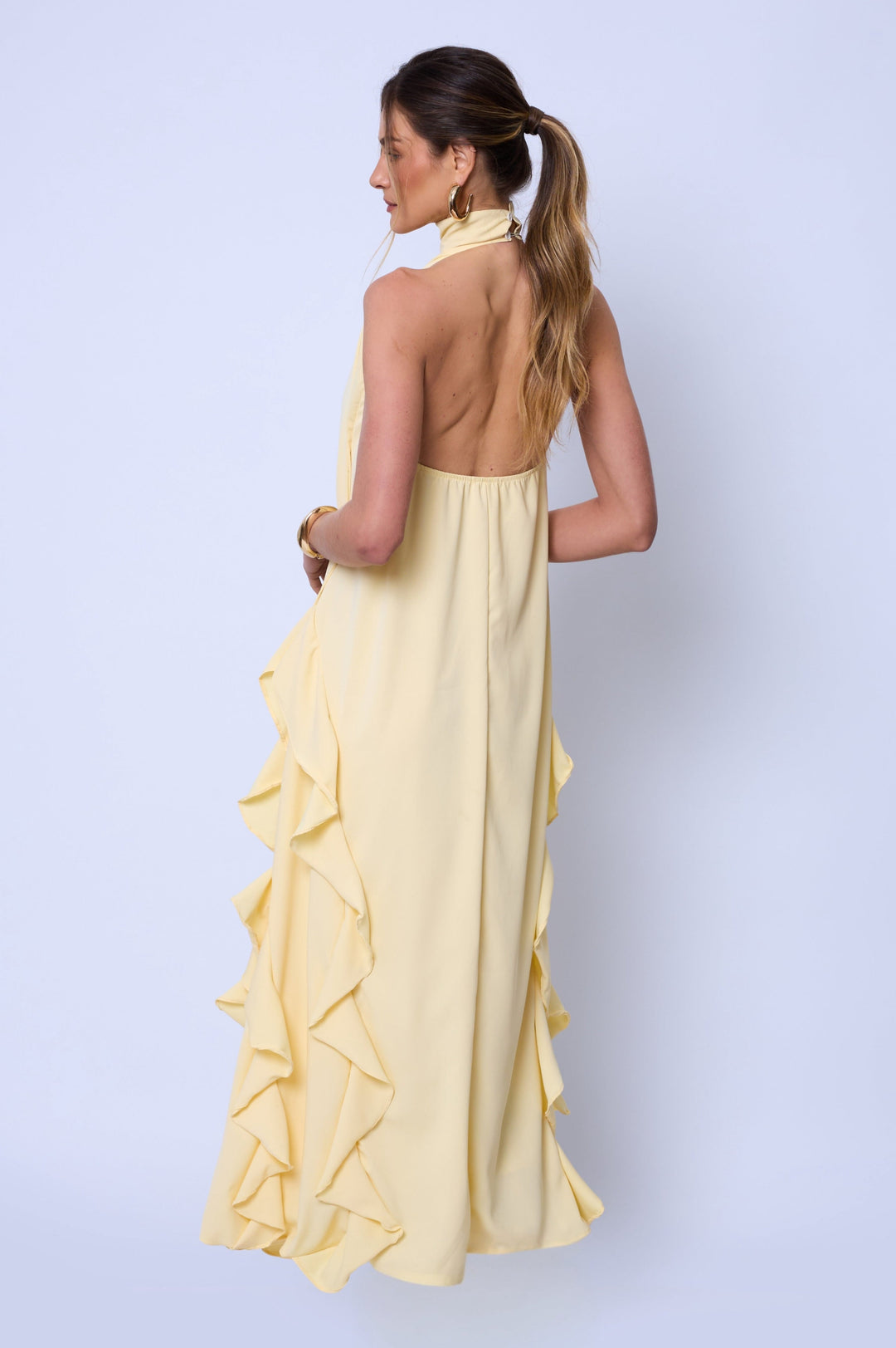 Vestido Longo  Frente Única Babado Amarelo Manteiga
