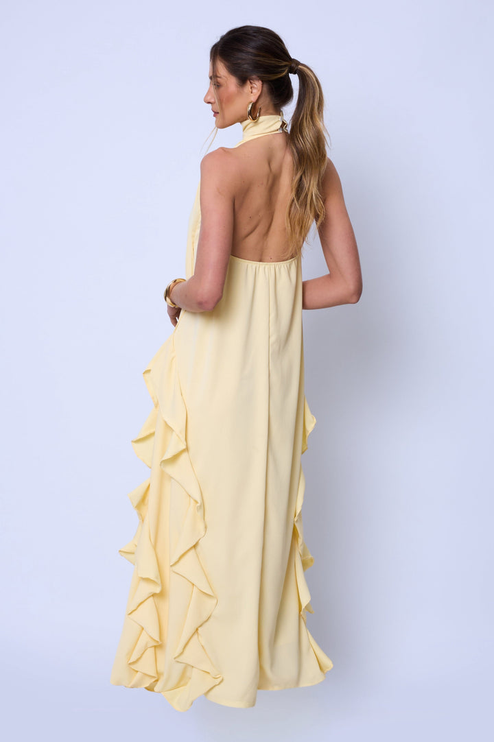Vestido Longo  Frente Única Babado Amarelo Manteiga