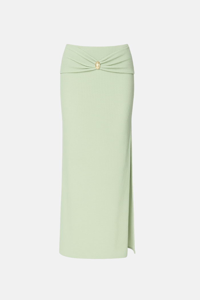 Saia Longa Drapeada Texturizado com Fenda Lateral Metal Dourado Alba