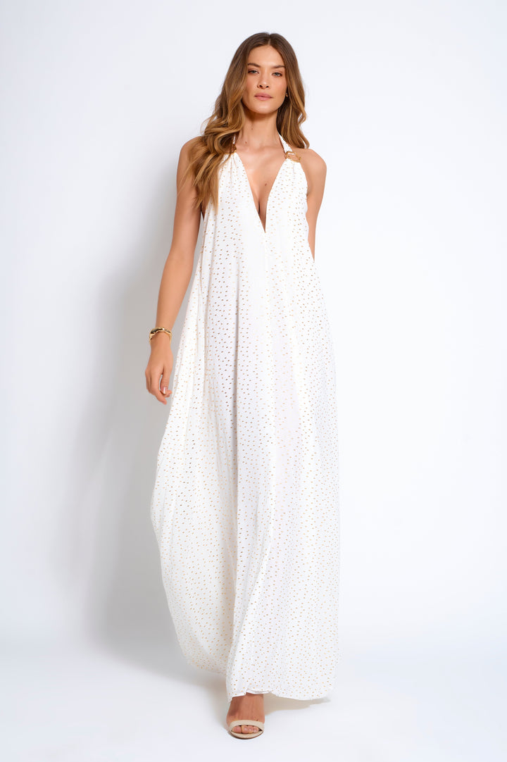 Vestido Longo Detalhe Metal Dourado Decote V