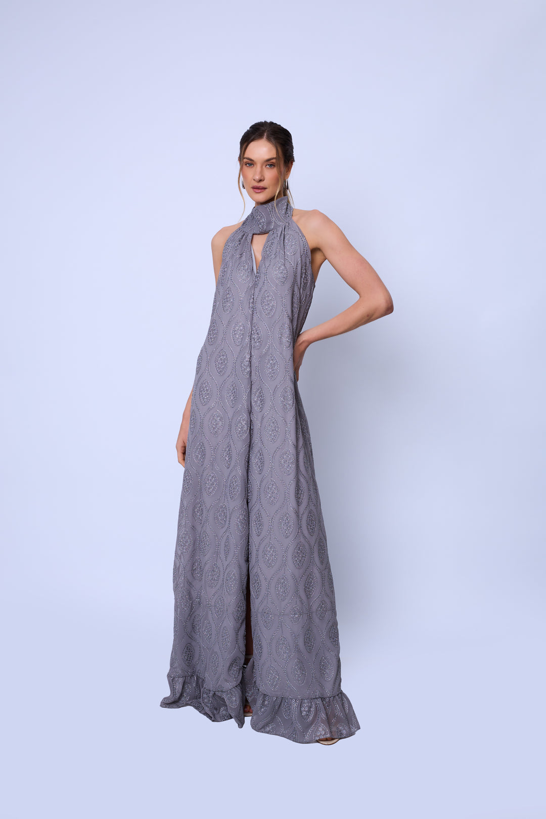 Vestido Longo Halter Neck com Fenda Frontal Veneza