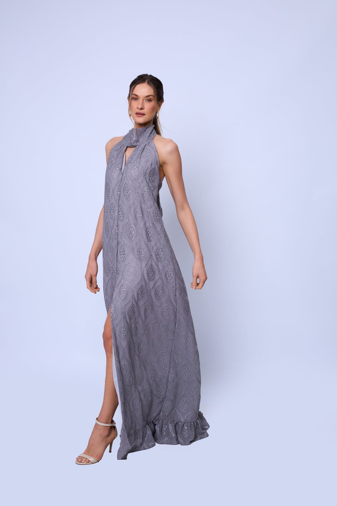 Vestido Longo Halter Neck com Fenda Frontal Veneza