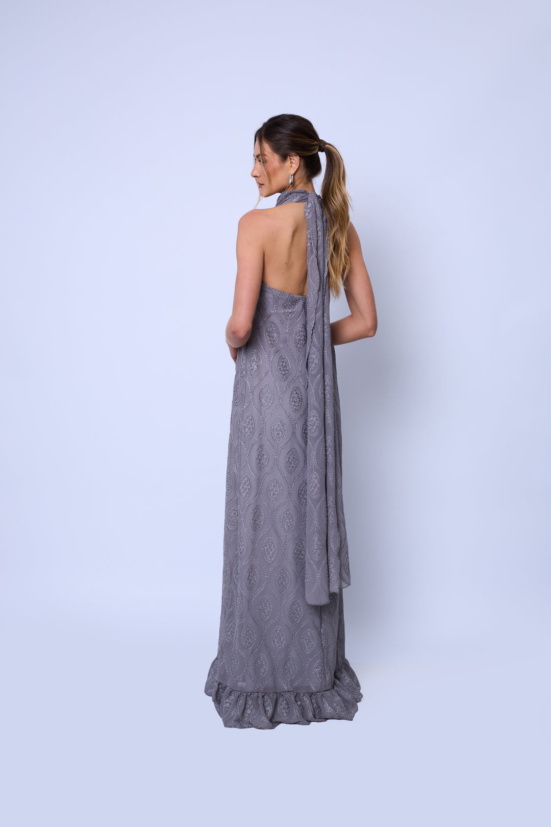 Vestido Longo Halter Neck com Fenda Frontal Veneza
