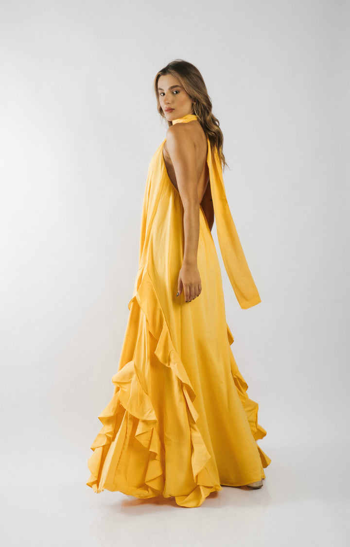 Vestido Longo  Frente Única Babado