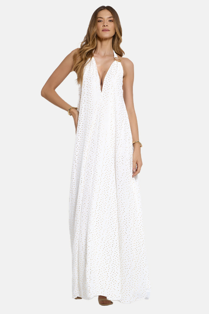 Vestido Longo Detalhe Metal Dourado Decote V