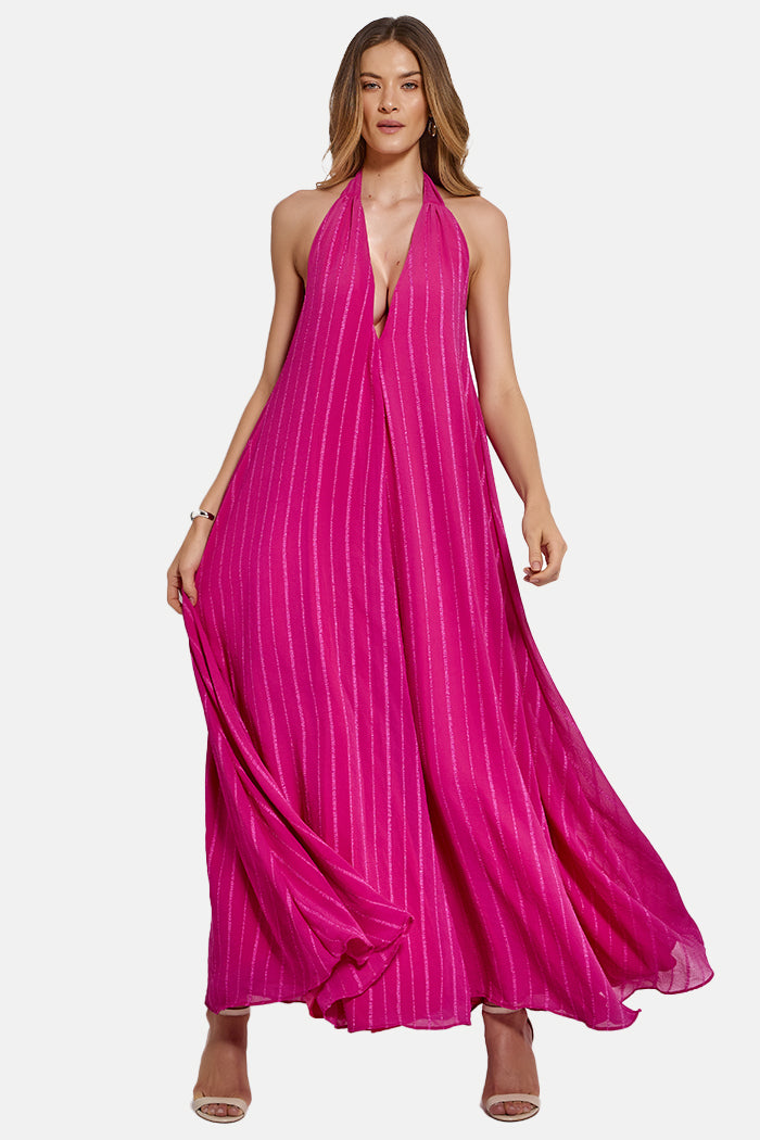 Vestido Longo Decote V Fluído Riviera Rosa Pink