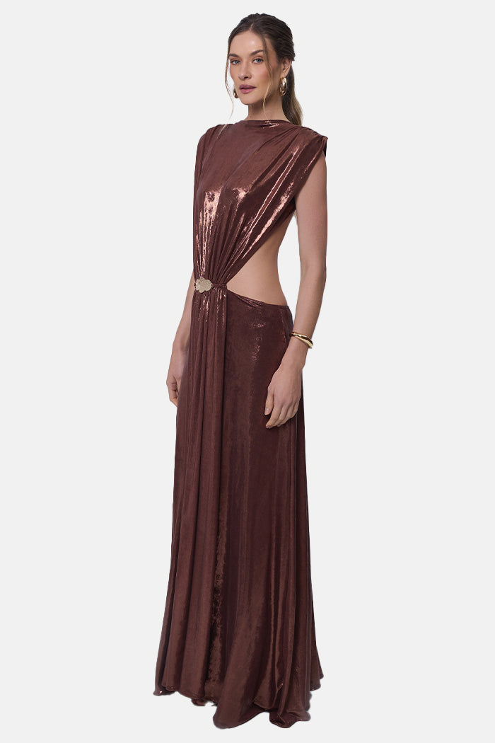 Vestido Longo Decote Costas Celeste Bronze