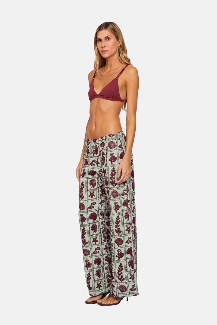 Calça Longa Marítima Reta Estampa Bordada Marsala e Verde