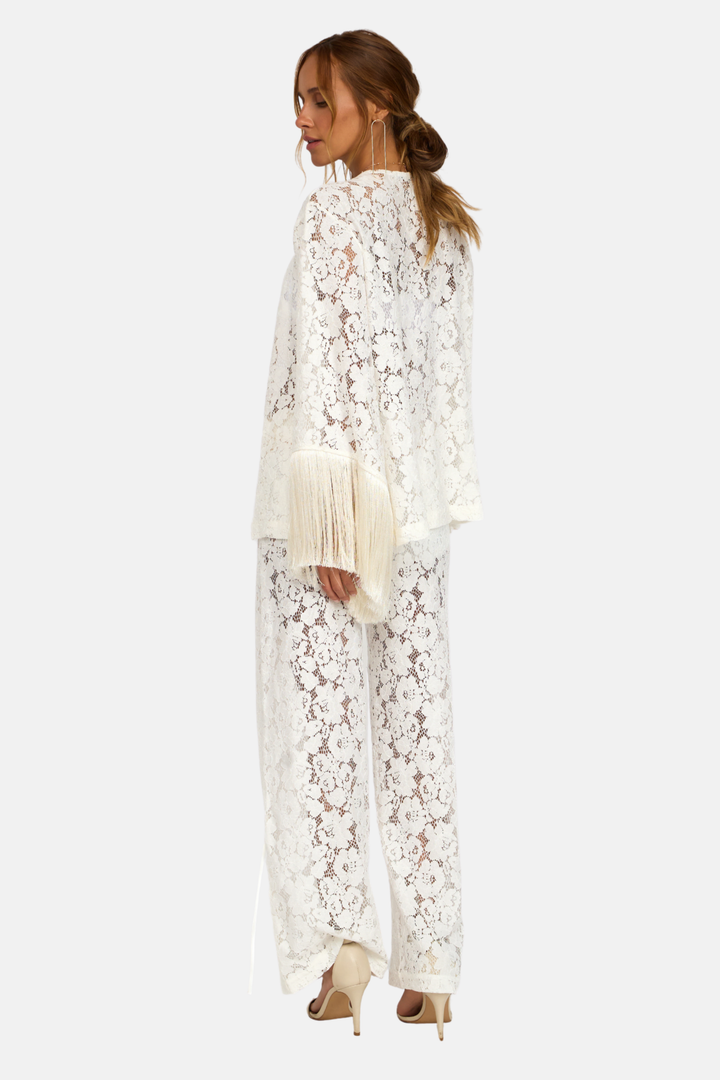 Conjunto Blusa Kimono Renda Guipure Franja com Calça Longa Renda Guipure Franja OFF