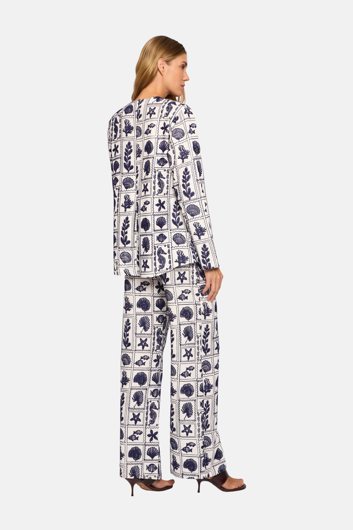 Calça Longa Marítima Reta Estampa Bordada Azul e Branco