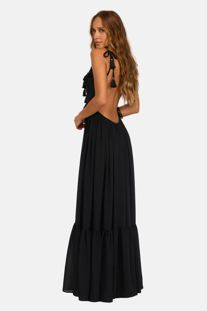 Vestido Longo Tassel Crepe Fluid