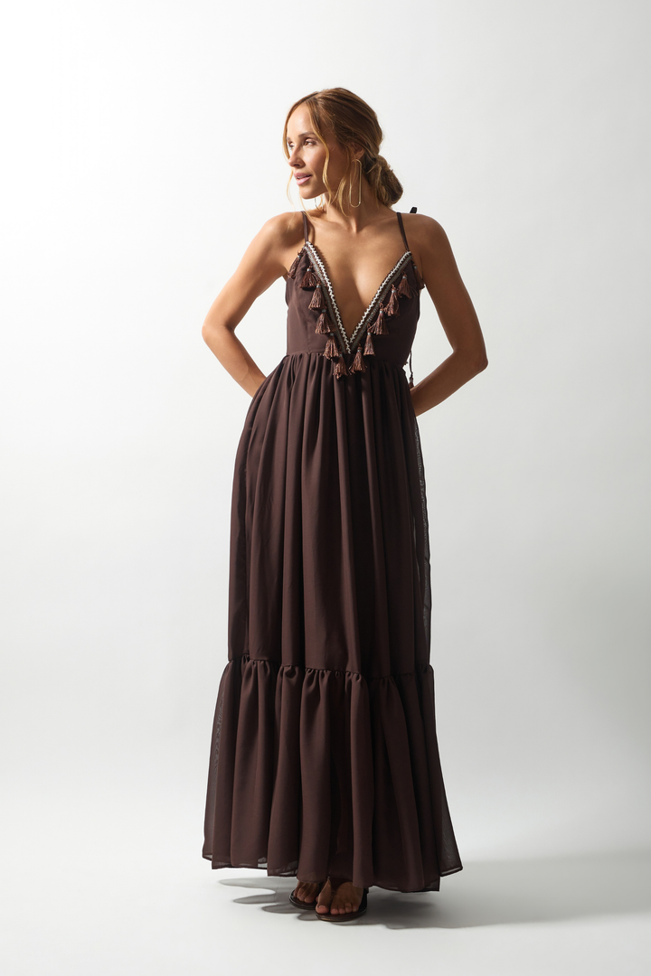 Vestido Longo Tassel Crepe Fluid