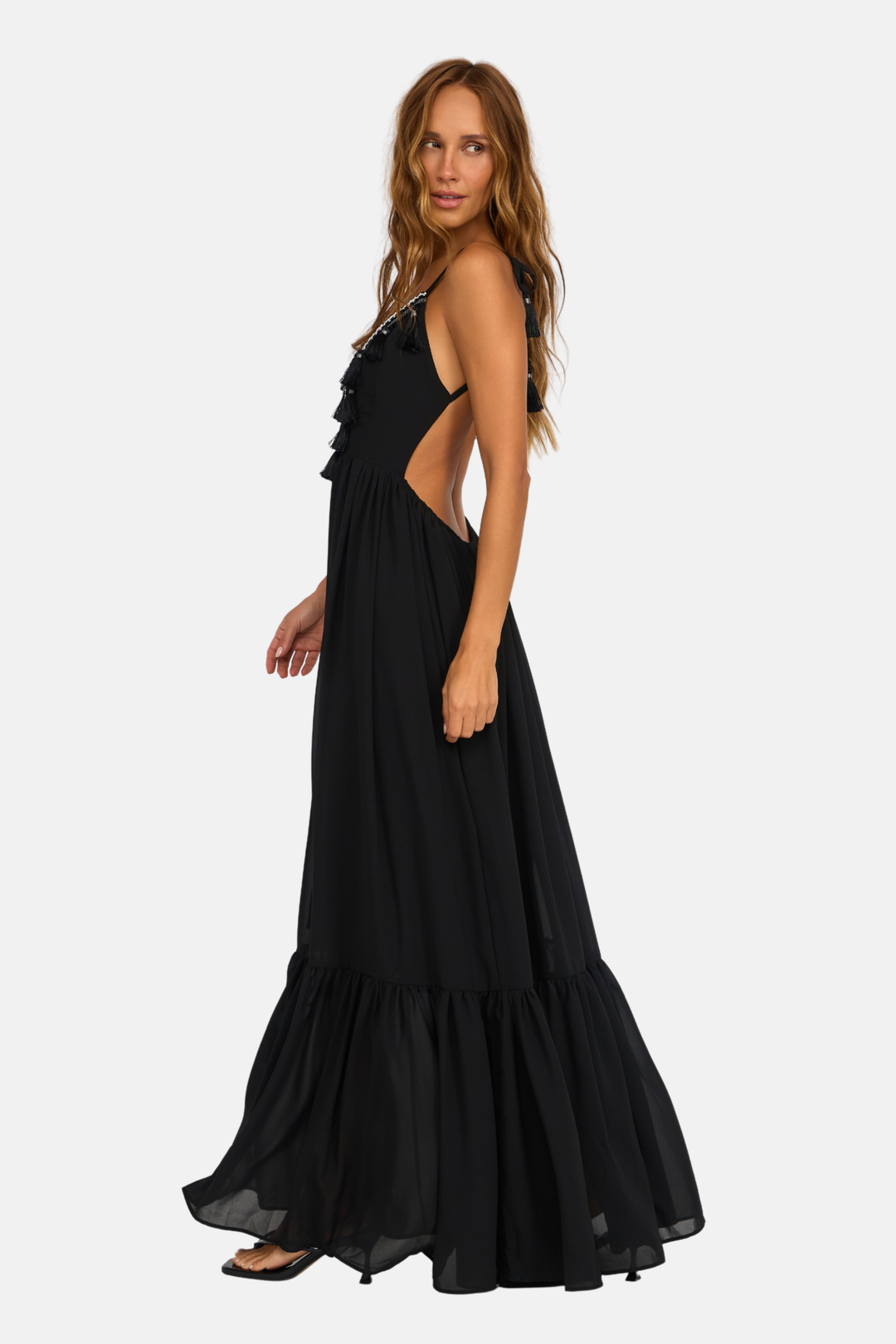 Vestido Longo Tassel Crepe Fluid