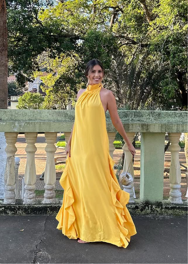 Vestido Longo  Frente Única Babado