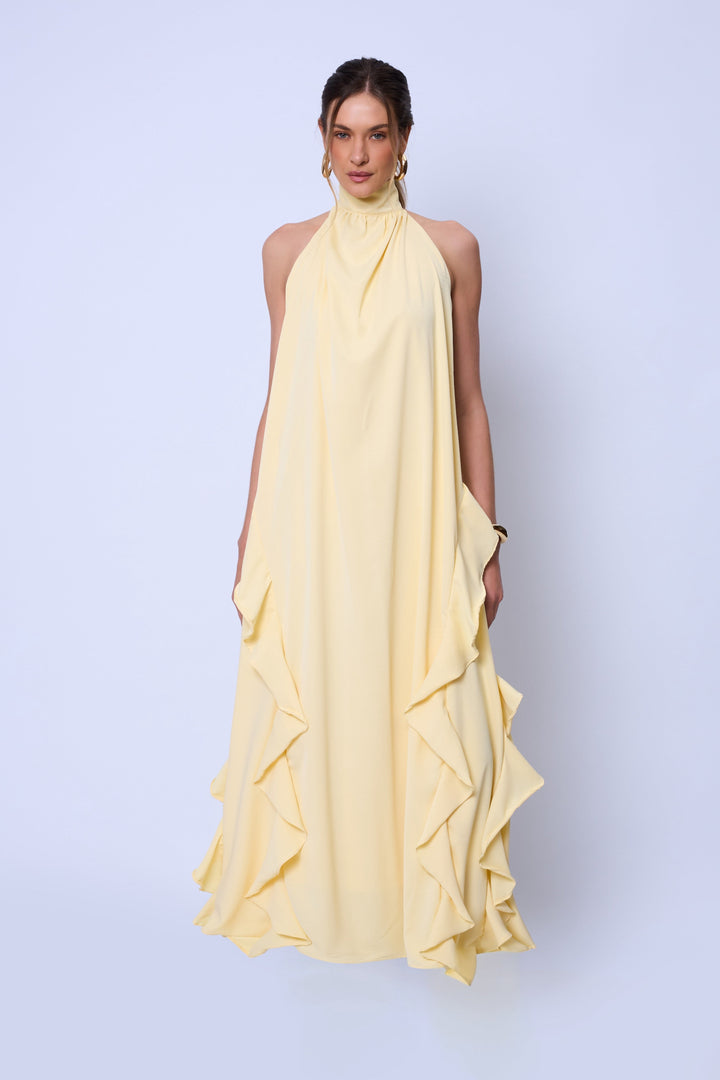Vestido Longo  Frente Única Babado Amarelo Manteiga