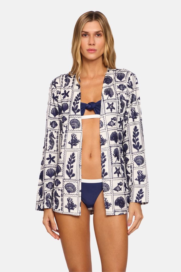 Blusa Kimono Marítima Manga Longa Estampa Azul e Branco