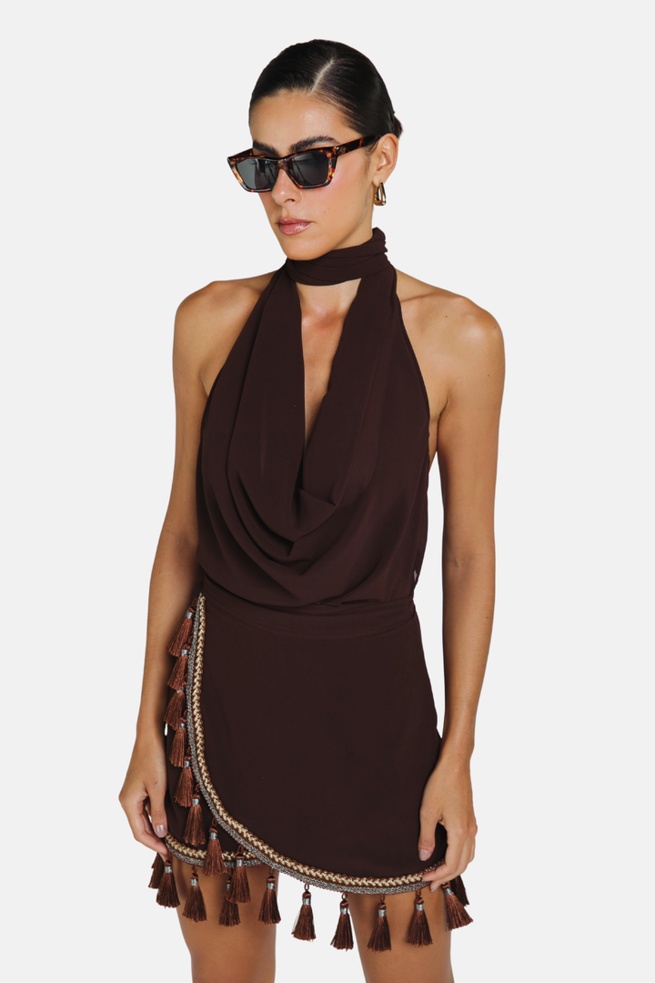 Conjunto Tassel Blusa + Saia Envelope Marrom