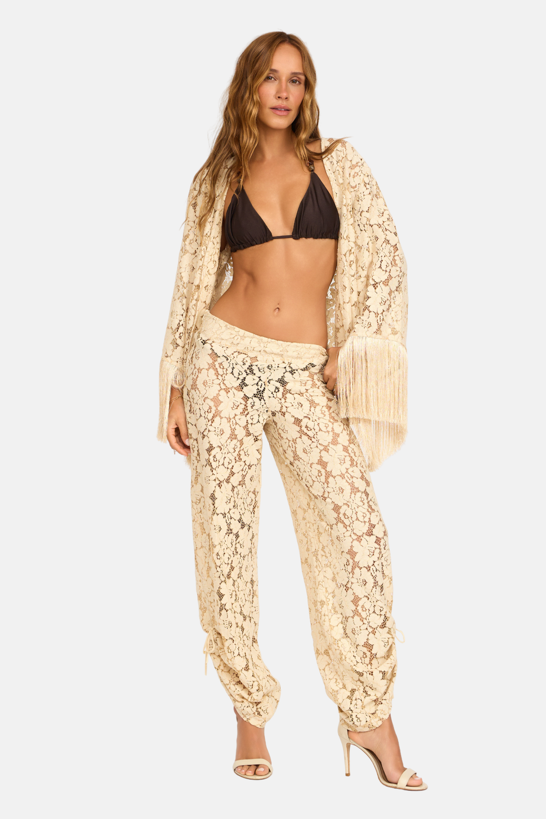 Conjunto Blusa Kimono Renda Guipure Franja com Calça Longa Renda Guipure Franja Beige