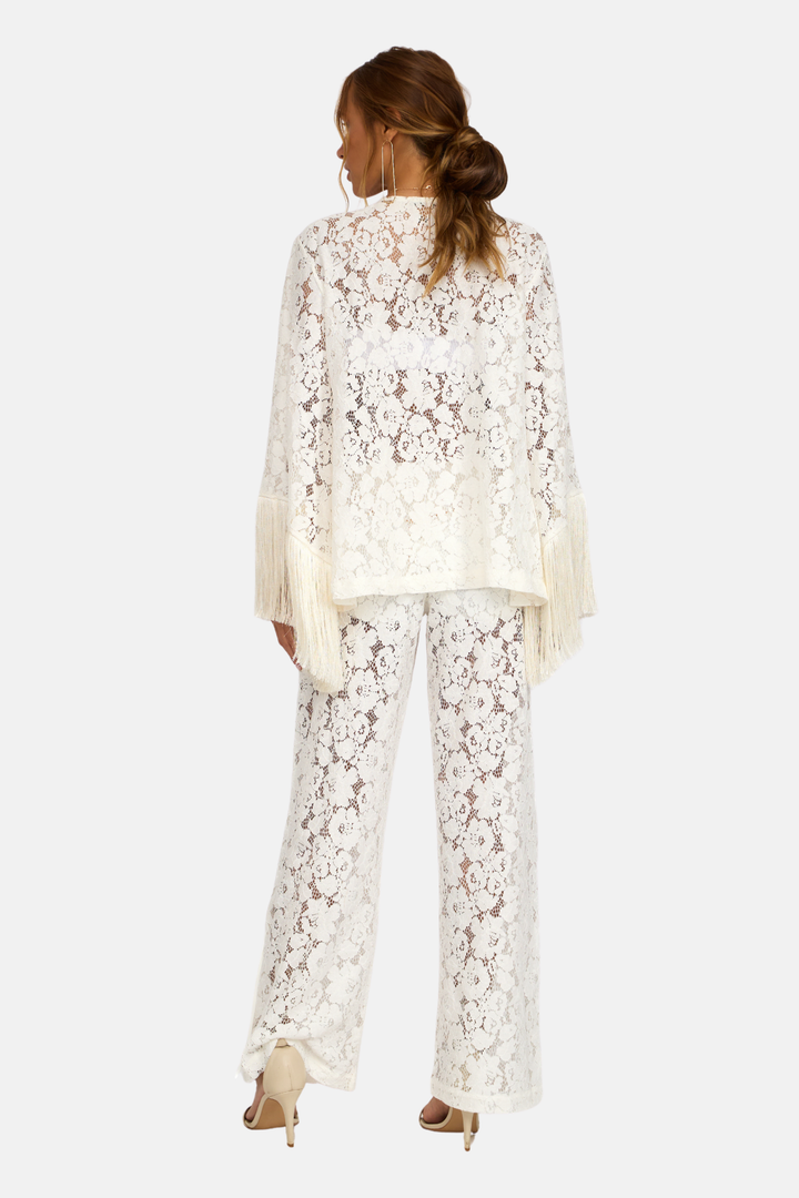 Conjunto Blusa Kimono Renda Guipure Franja com Calça Longa Renda Guipure Franja OFF