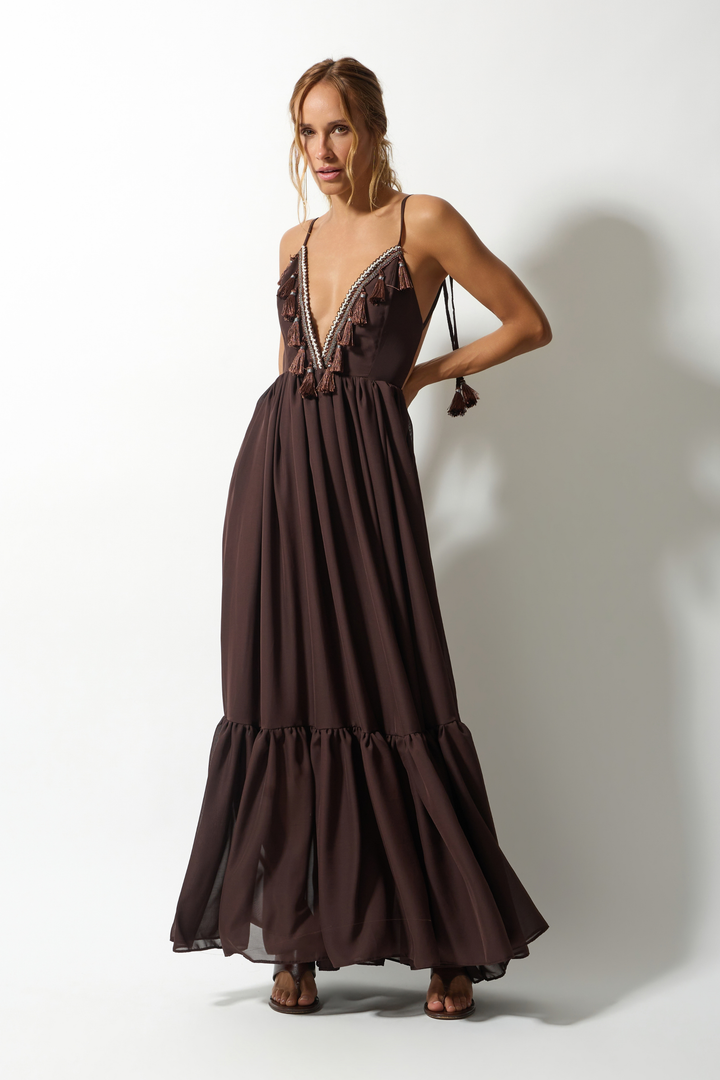 Vestido Longo Tassel Crepe Fluid