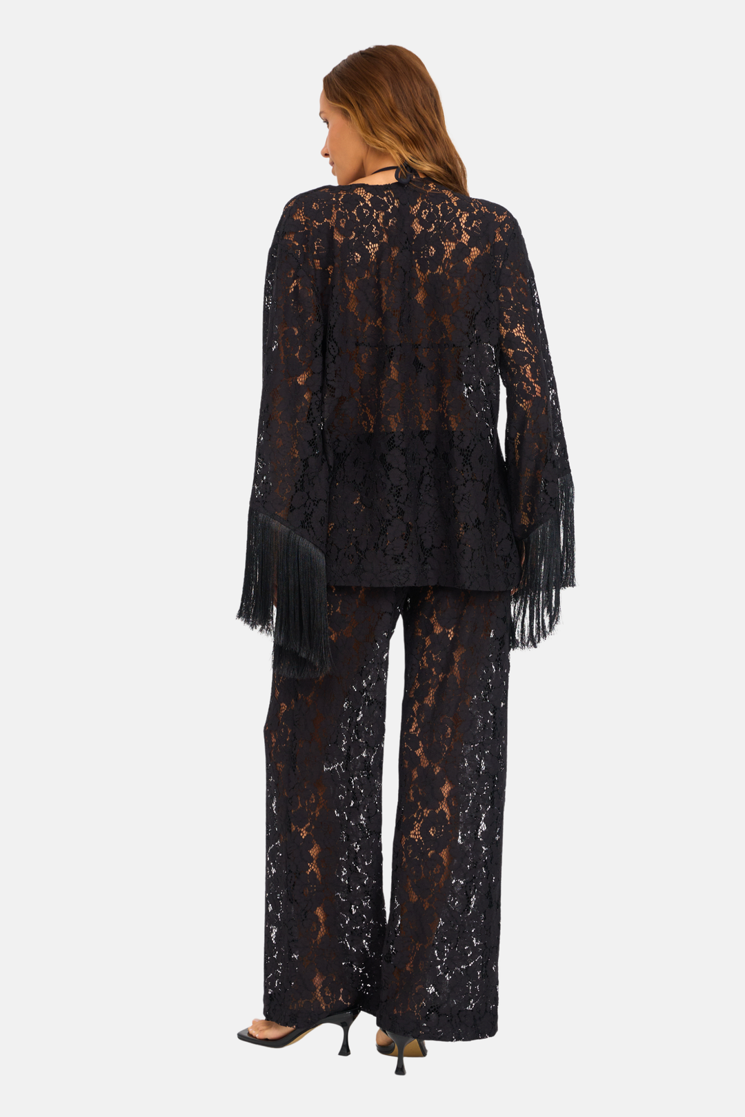 Conjunto Blusa Kimono Renda Guipure Franja com Calça Longa Renda Guipure Franja Preto