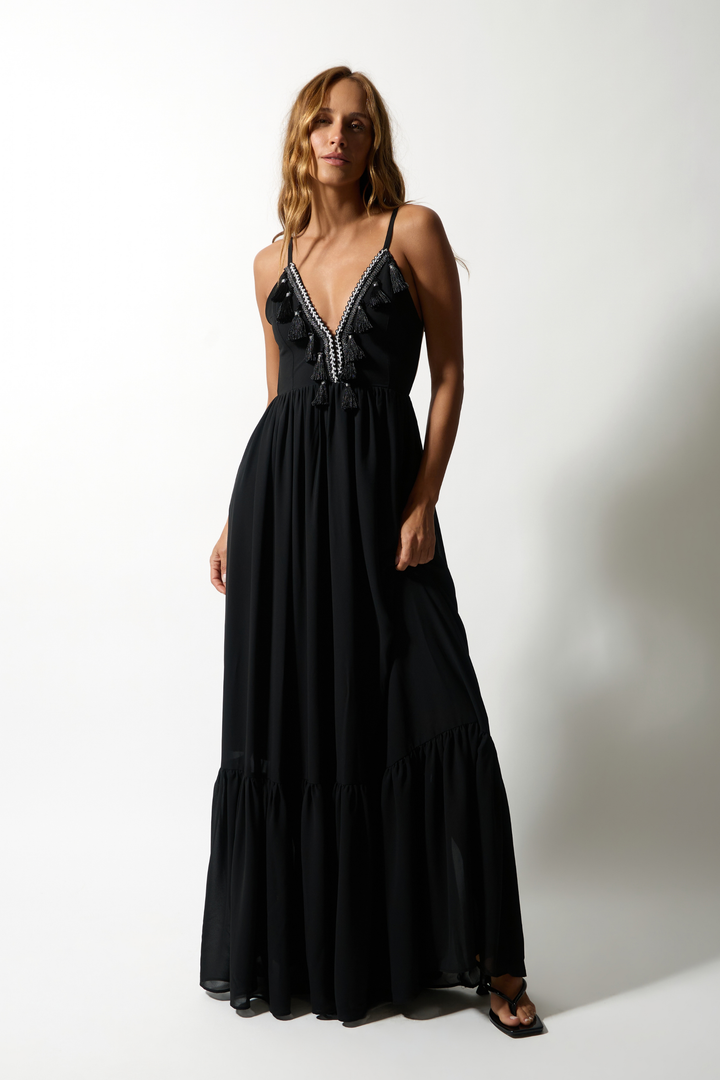 Vestido Longo Tassel Crepe Fluid