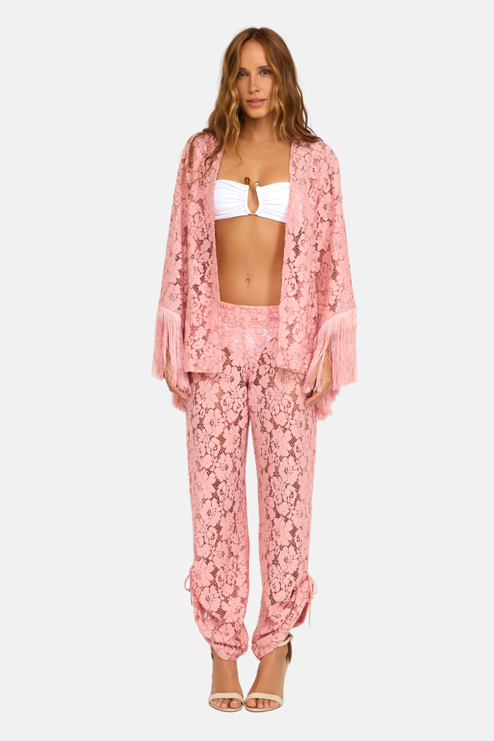 Conjunto Blusa Kimono Renda Guipure Franja com Calça Longa Renda Guipure Franja Rosa