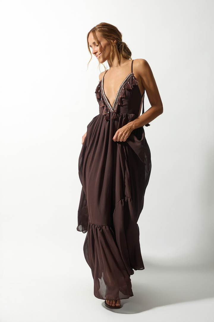 Vestido Longo Tassel Crepe Fluid