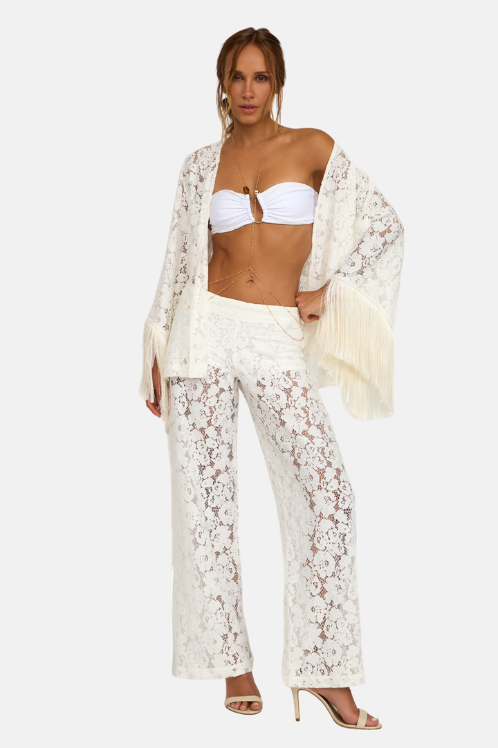 Conjunto Blusa Kimono Renda Guipure Franja com Calça Longa Renda Guipure Franja OFF