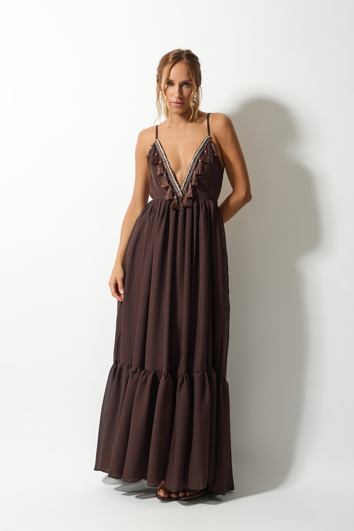 Vestido Longo Tassel Crepe Fluid