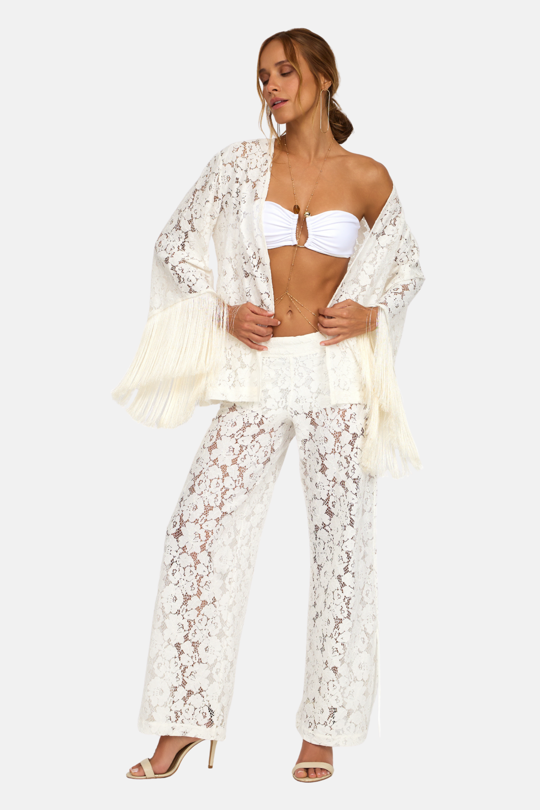 Conjunto Blusa Kimono Renda Guipure Franja com Calça Longa Renda Guipure Franja OFF