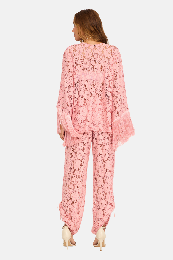 Conjunto Blusa Kimono Renda Guipure Franja com Calça Longa Renda Guipure Franja Rosa