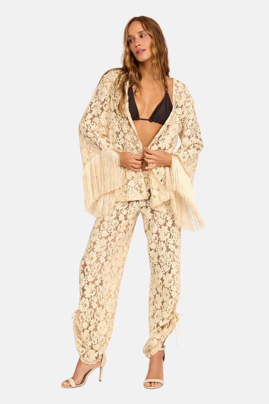 Blusa Kimono Renda Guipure Franja