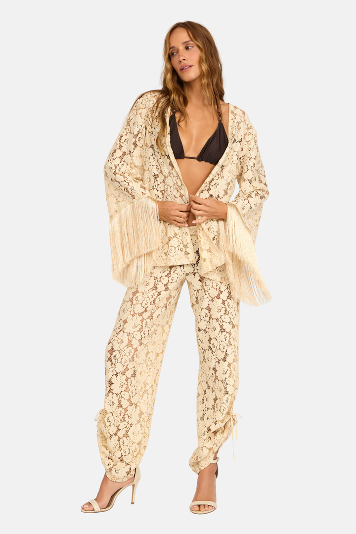 Blusa Kimono Renda Guipure Franja