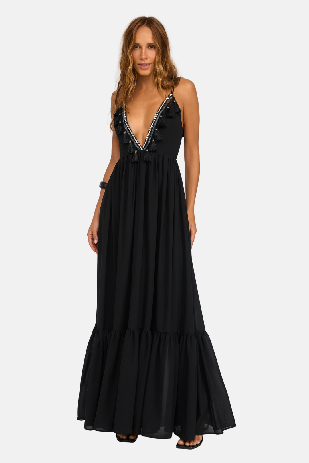 Vestido Longo Tassel Crepe Fluid