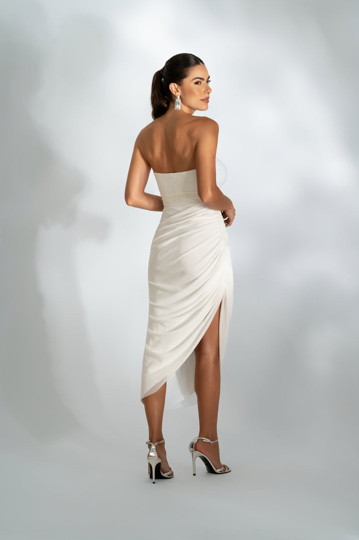 Vestido Assimétrico Drapeado Com Capa Removível Off