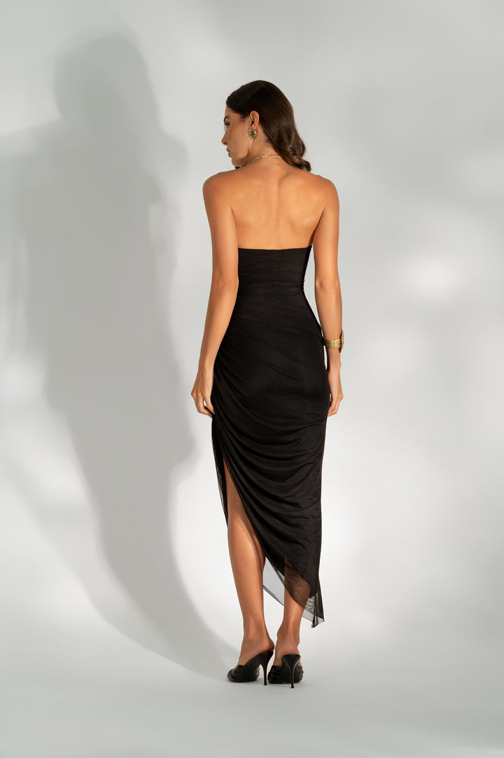 Vestido Assimétrico Drapeado Com Capa Removível Preto