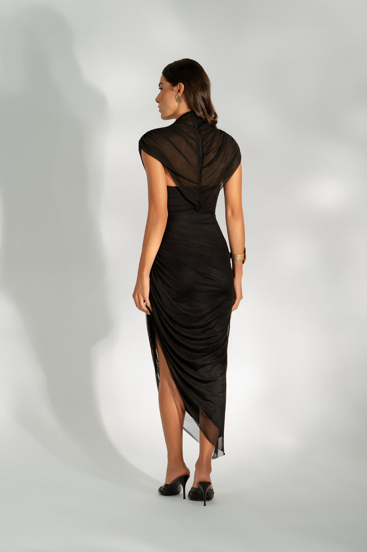 Vestido Assimétrico Drapeado Com Capa Removível Preto