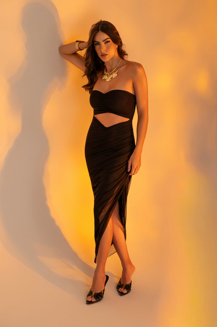 Vestido Assimétrico Drapeado Com Capa Removível Preto