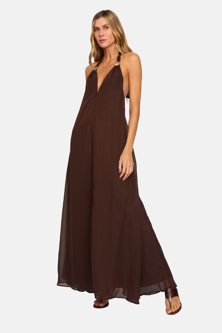 Vestido Longo Frente Única Detalhe Metal Removível