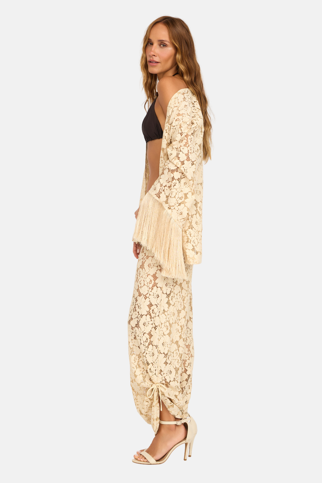 Conjunto Blusa Kimono Renda Guipure Franja com Calça Longa Renda Guipure Franja Beige