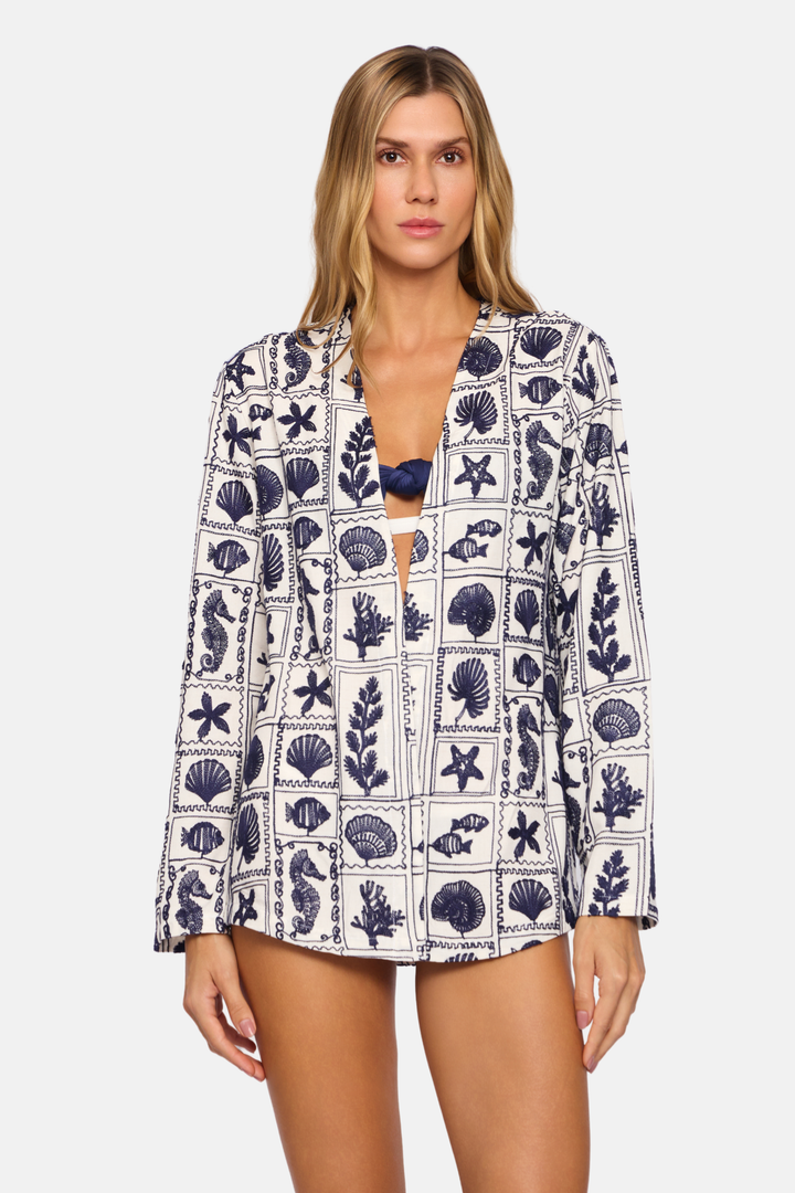 Blusa Kimono Marítima Manga Longa Estampa Azul e Branco