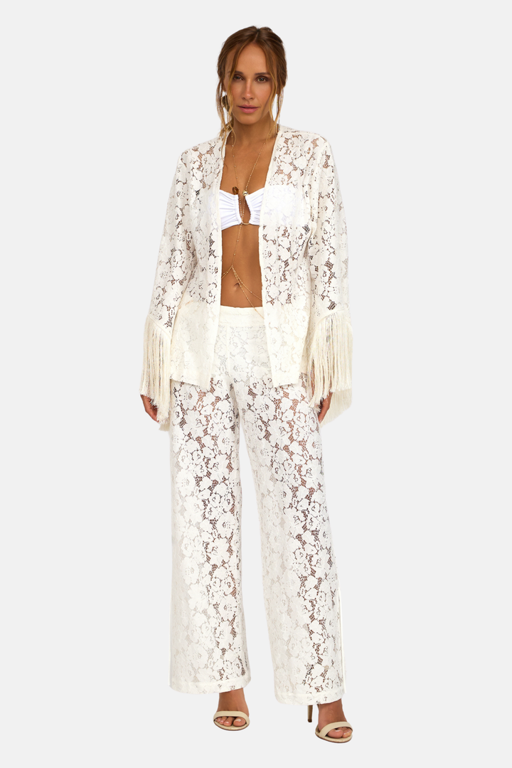 Conjunto Blusa Kimono Renda Guipure Franja com Calça Longa Renda Guipure Franja OFF