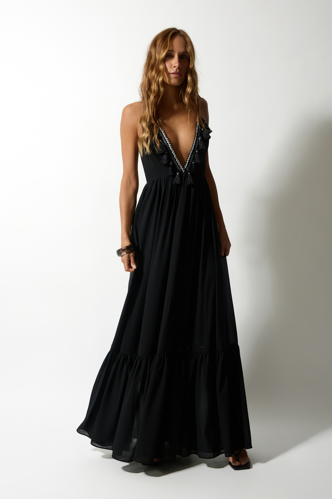Vestido Longo Tassel Crepe Fluid