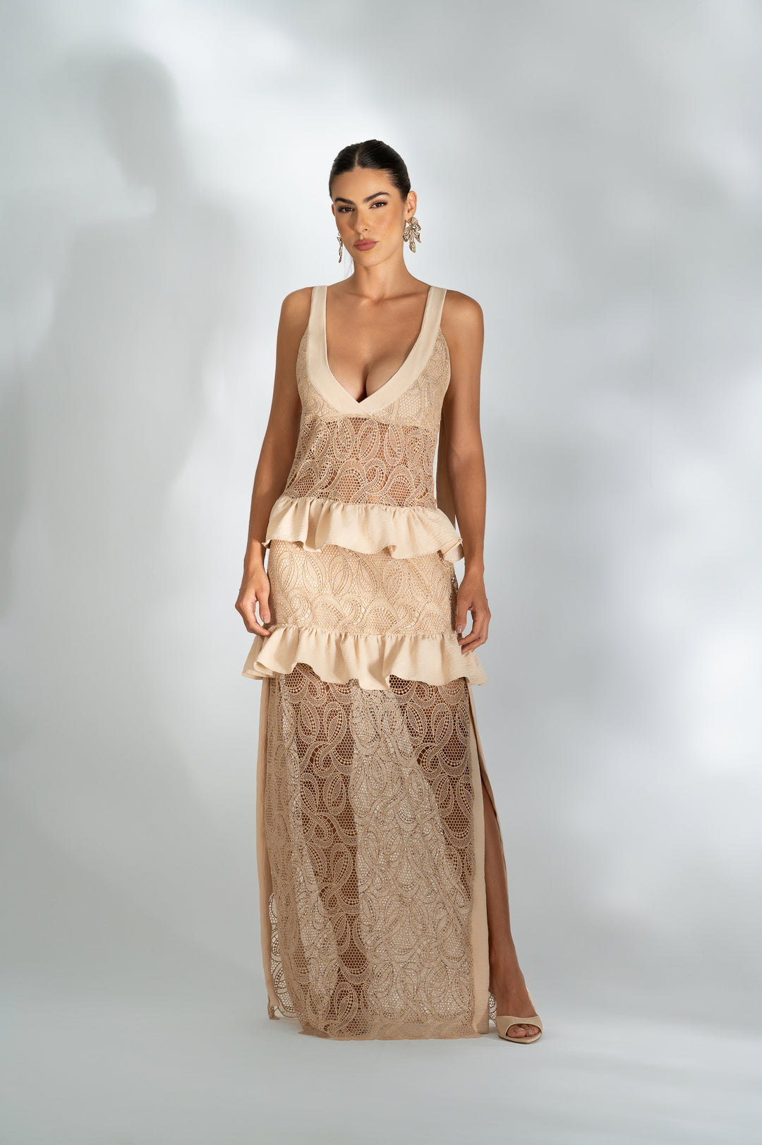 PRÉ-VENDA Vestido Longo Renda Com Babado Isla