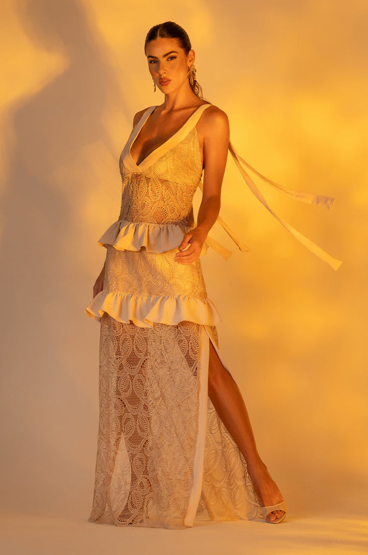 PRÉ-VENDA Vestido Longo Renda Com Babado Isla