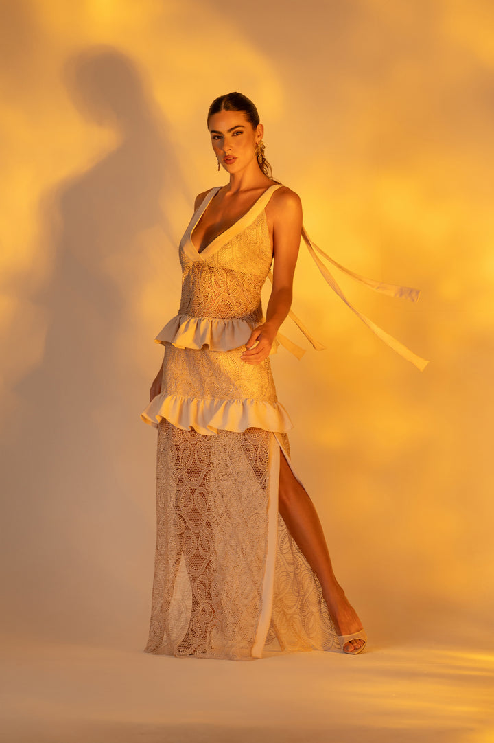 PRÉ-VENDA Vestido Longo Renda Com Babado Isla