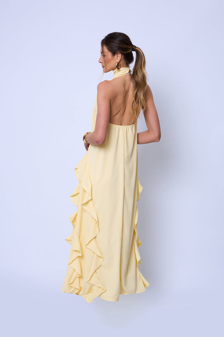Vestido Longo  Frente Única Babado Amarelo Manteiga