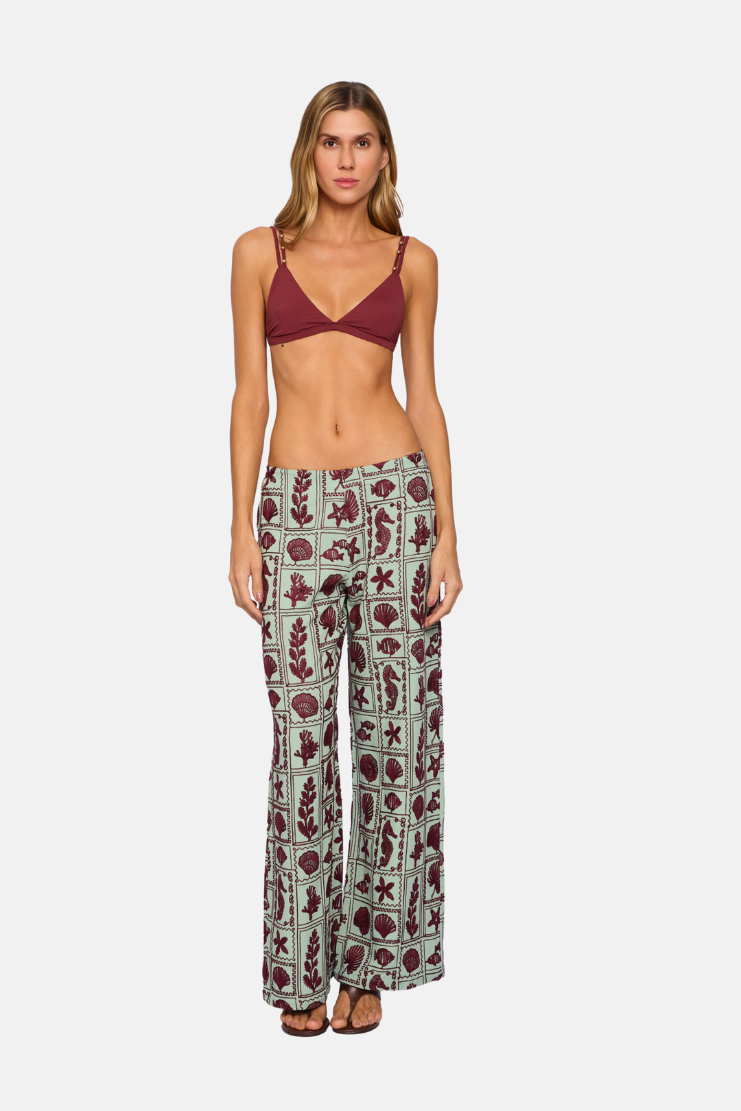 Calça Longa Marítima Reta Estampa Bordada Marsala e Verde
