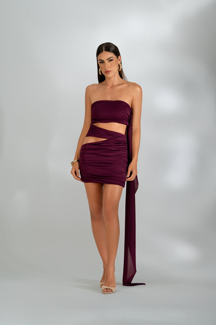 Conjunto Top + Saia Drapeada Com Hot Fix Roxo